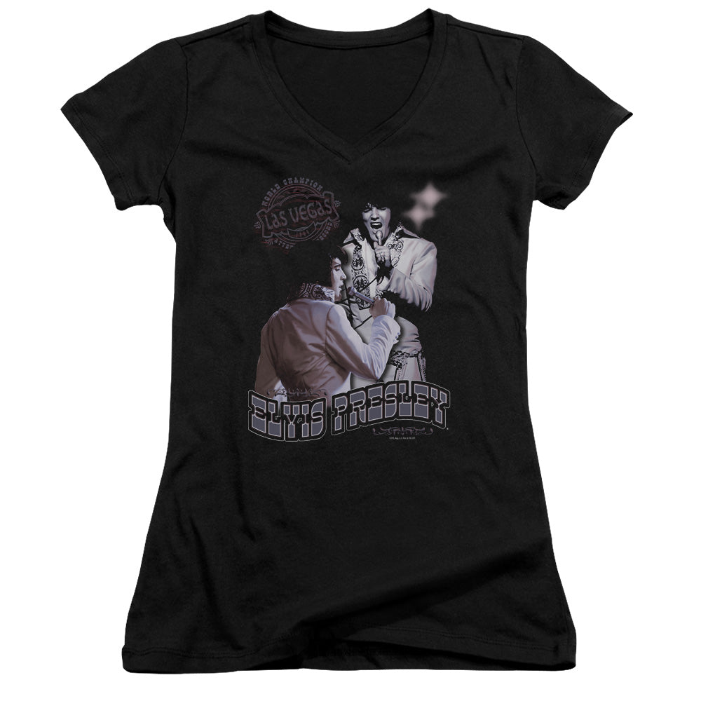 Elvis Presley Violet Vegas Junior Sheer Cap Sleeve V-Neck Womens T Shirt Black