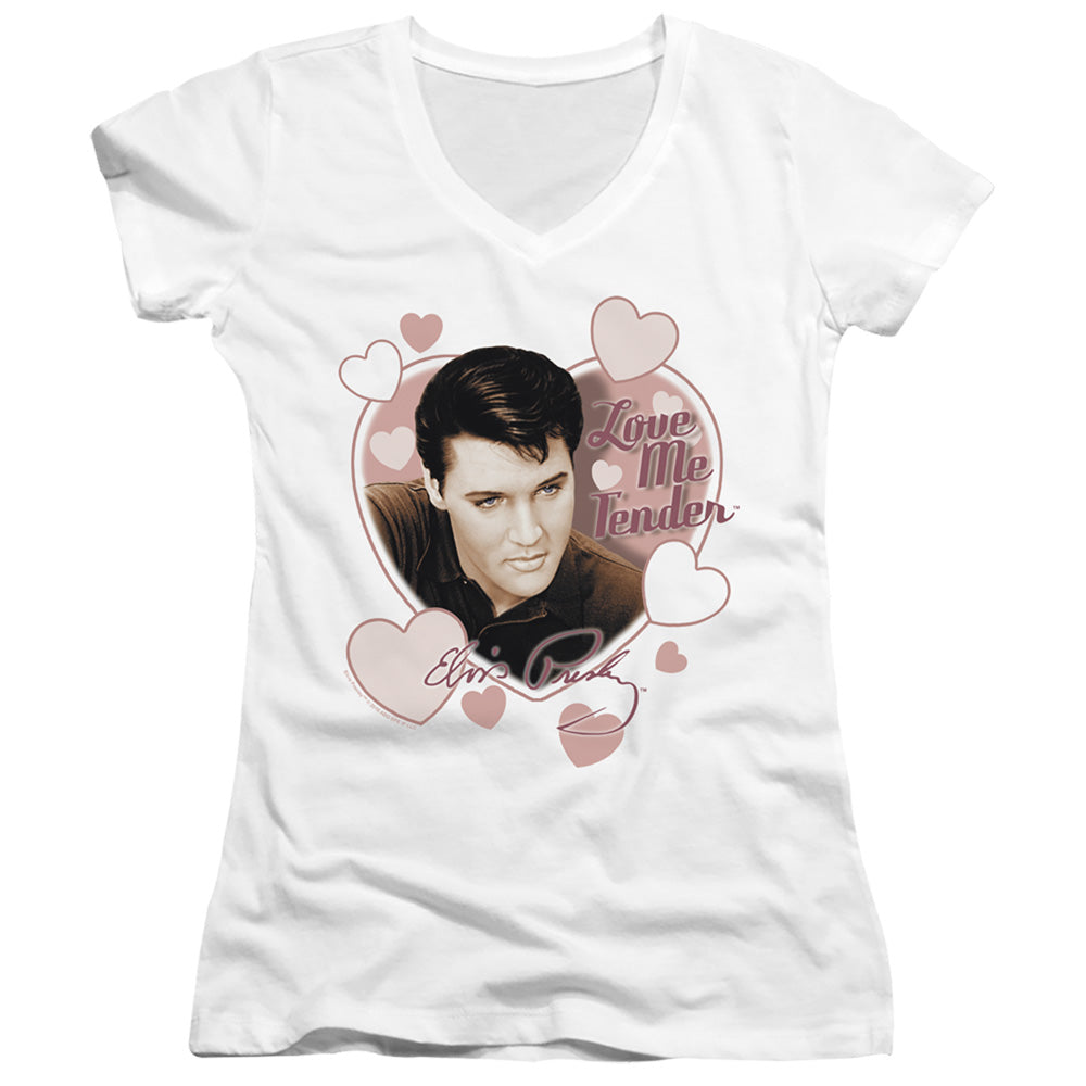 Elvis Presley Love Me Tender Junior Sheer Cap Sleeve V-Neck Womens T Shirt White