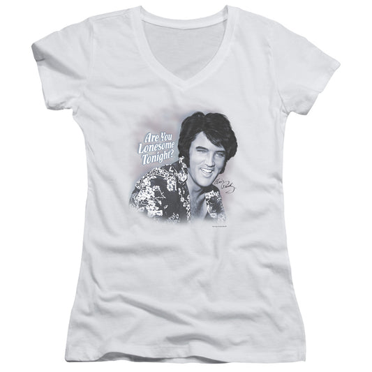 Elvis Presley Lonesome Tonight Junior Sheer Cap Sleeve V-Neck Womens T Shirt White