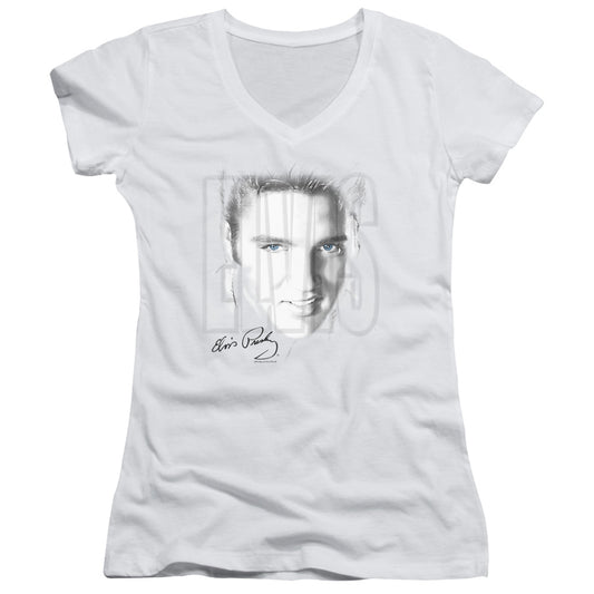 Elvis Presley Blue Eyes Junior Sheer Cap Sleeve V-Neck Womens T Shirt White