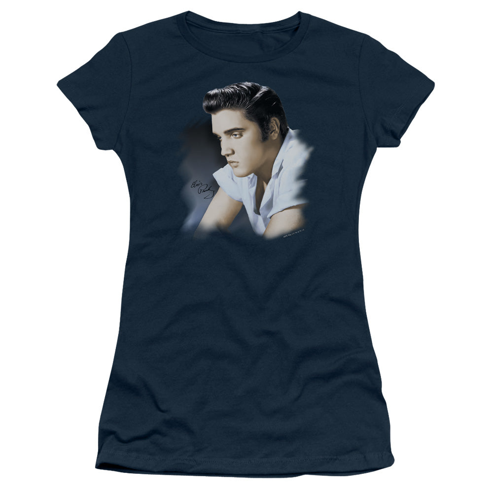 Elvis Presley Blue Profile Junior Sheer Cap Sleeve Womens T Shirt Navy Blue