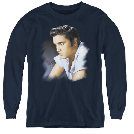 Elvis Presley Blue Profile Long Sleeve Kids Youth T Shirt Navy Blue