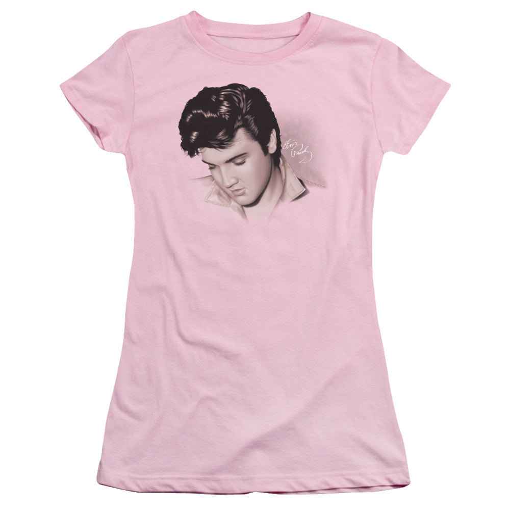 Elvis Presley Looking Down Junior Sheer Cap Sleeve Womens T Shirt Pink