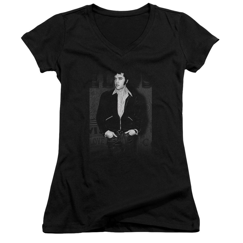 Elvis Presley Just Cool Junior Sheer Cap Sleeve V-Neck Womens T Shirt Black