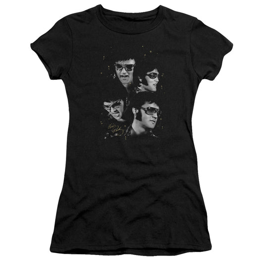 Elvis Presley Faces Junior Sheer Cap Sleeve Womens T Shirt Black