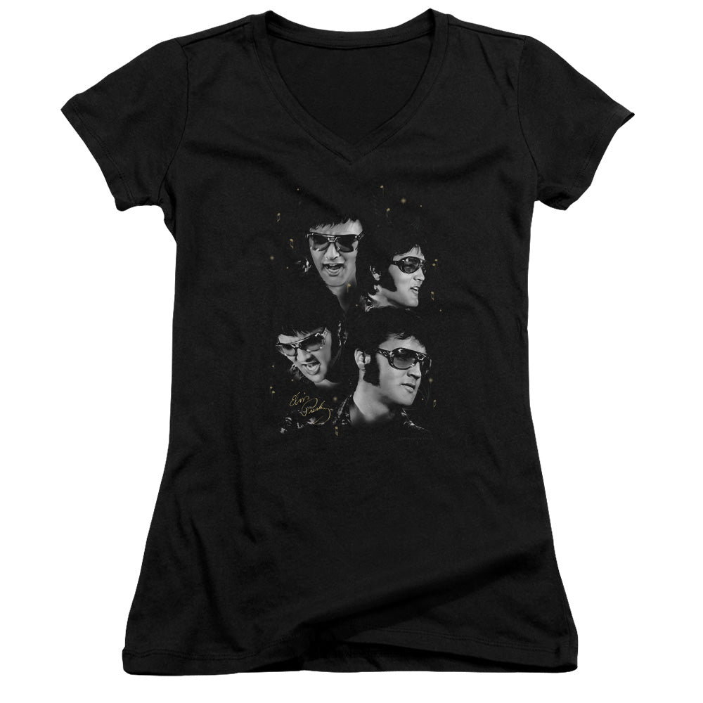 Elvis Presley Faces Junior Sheer Cap Sleeve V-Neck Womens T Shirt Black