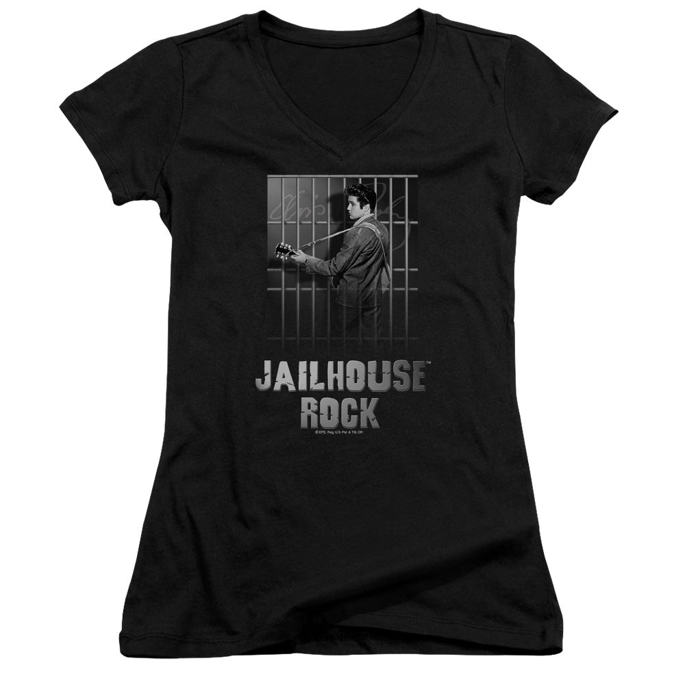 Elvis Presley Jailhouse Rock Junior Sheer Cap Sleeve V-Neck Womens T Shirt Black