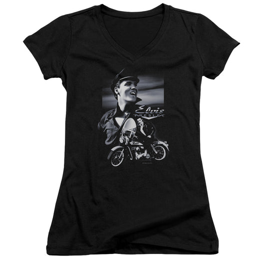 Elvis Presley Motorcycle Junior Sheer Cap Sleeve V-Neck Womens T Shirt Black