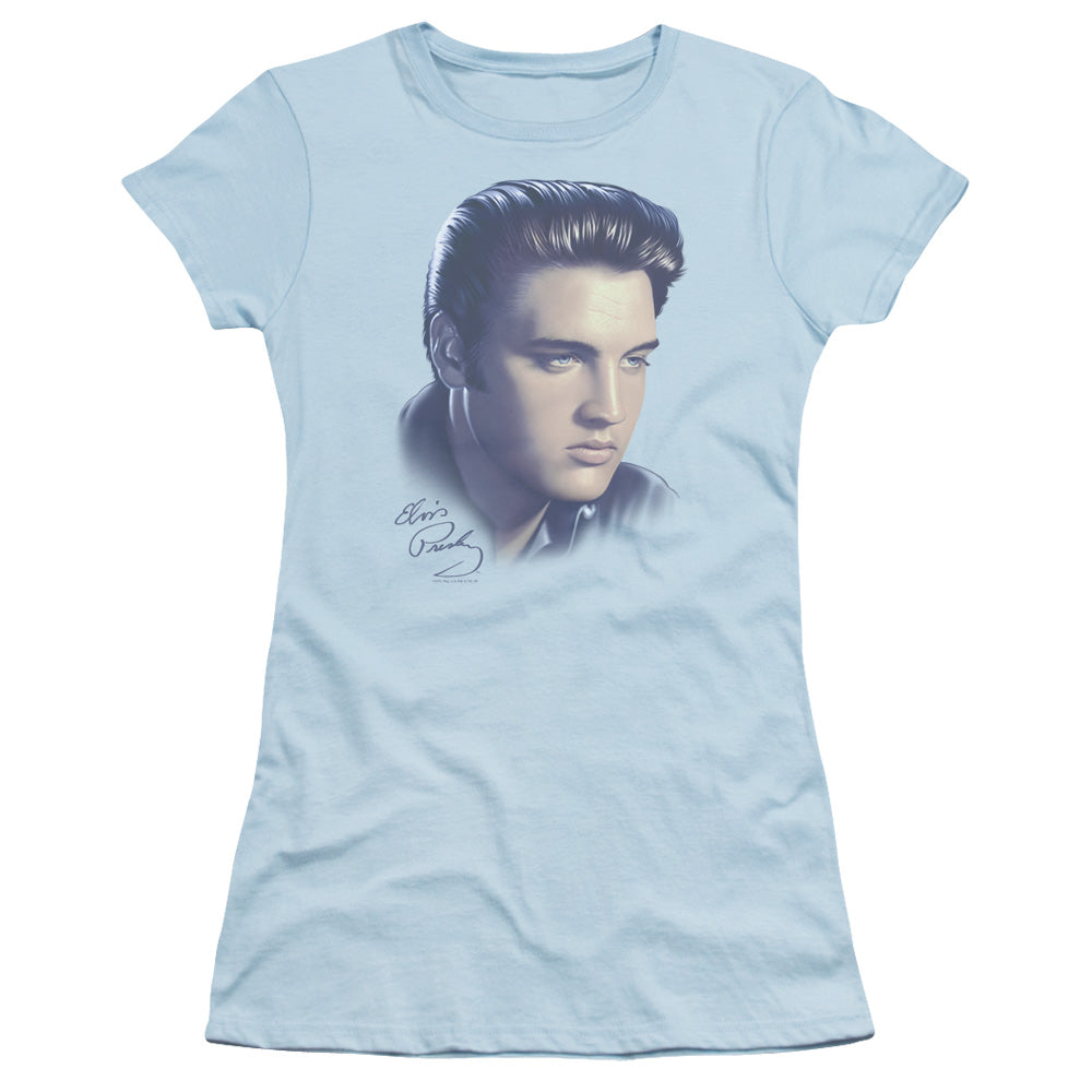 Elvis Presley Big Portrait Junior Sheer Cap Sleeve Womens T Shirt Light Blue