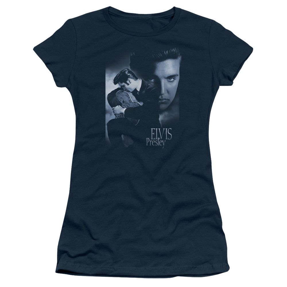 Elvis Presley Reverent Junior Sheer Cap Sleeve Womens T Shirt Navy Blue