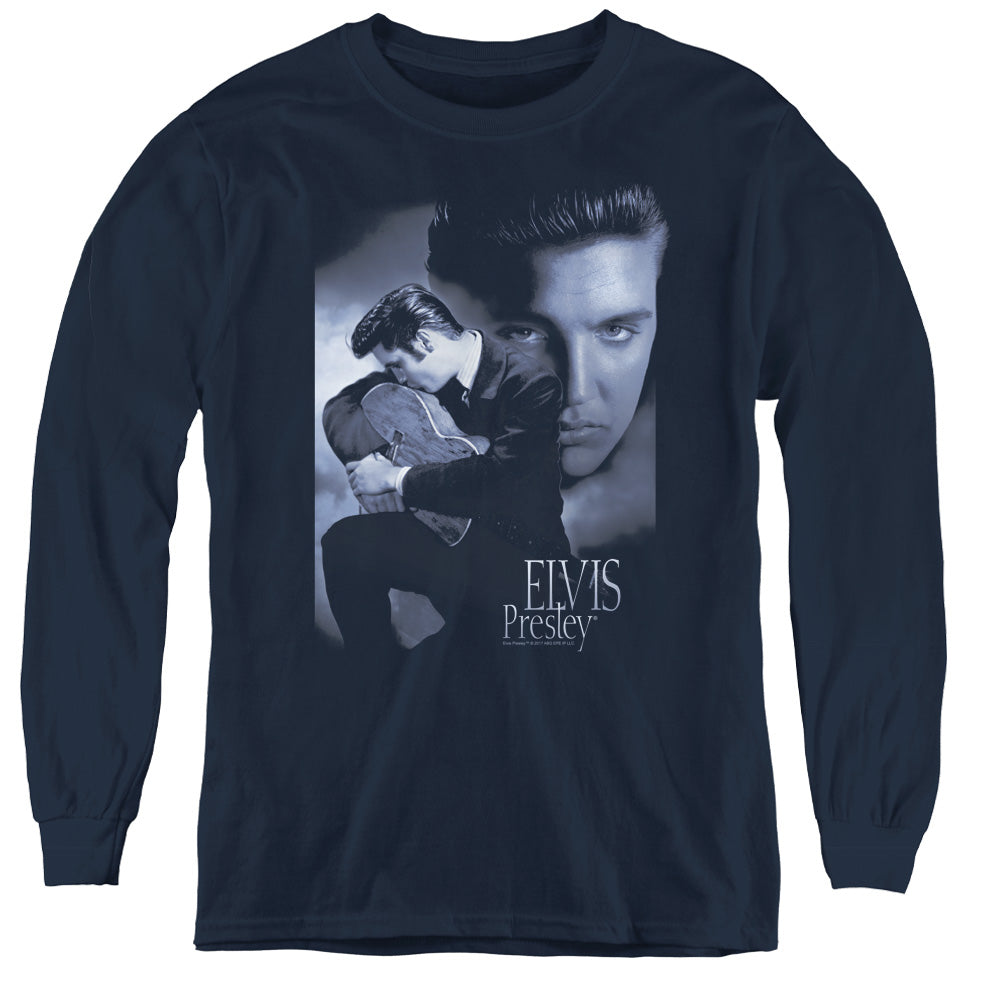 Elvis Presley Reverent Long Sleeve Kids Youth T Shirt Navy Blue