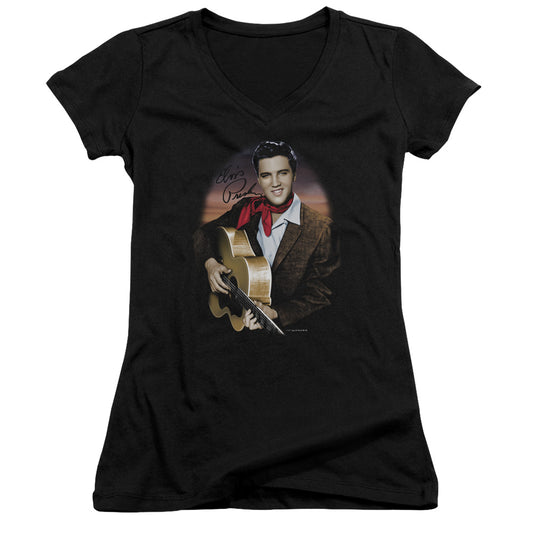 Elvis Presley Red Scarf #2 Junior Sheer Cap Sleeve V-Neck Womens T Shirt Black