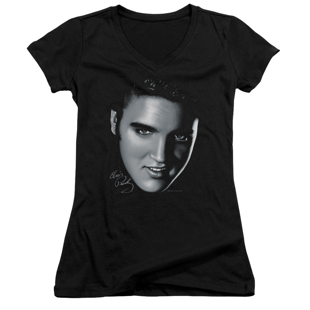 Elvis Presley Big Face Junior Sheer Cap Sleeve V-Neck Womens T Shirt Black