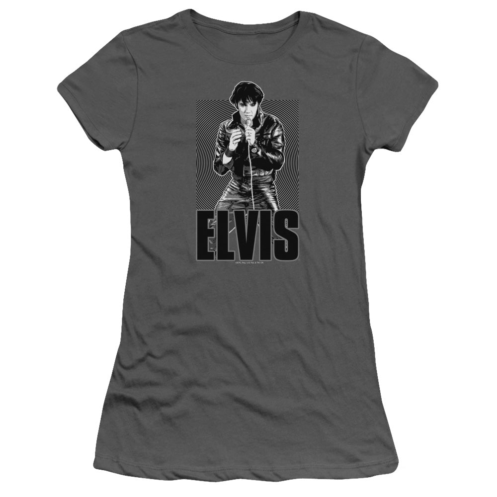 Elvis Presley Leather Junior Sheer Cap Sleeve Womens T Shirt Charcoal