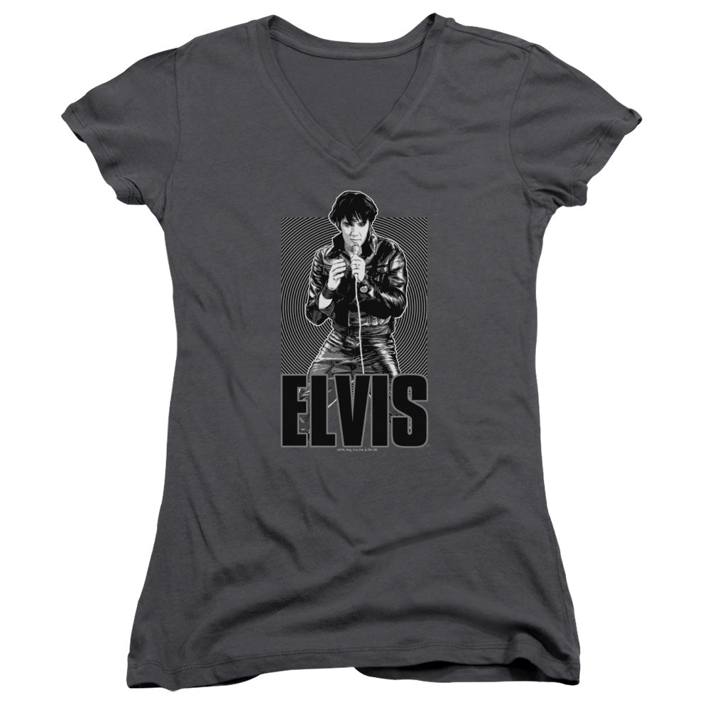 Elvis Presley Leather Junior Sheer Cap Sleeve V-Neck Womens T Shirt Charcoal