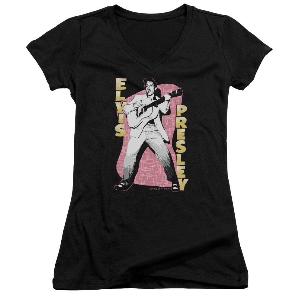 Elvis Presley Pink Rock Junior Sheer Cap Sleeve V-Neck Womens T Shirt Black