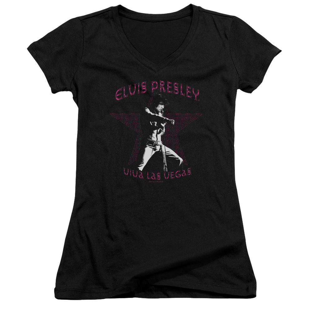 Elvis Presley Viva Las Vegas Star Junior Sheer Cap Sleeve V-Neck Womens T Shirt Black