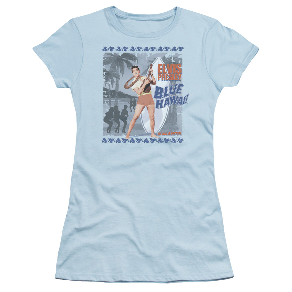 Elvis Presley Blue Hawaii Poster Junior Sheer Cap Sleeve Womens T Shirt Light Blue