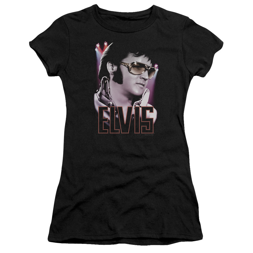 Elvis Presley 70s Star Junior Sheer Cap Sleeve Womens T Shirt Black