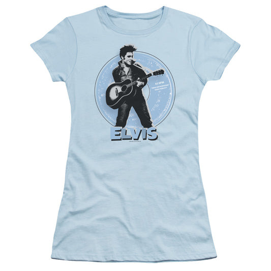 Elvis Presley 45 RPM Junior Sheer Cap Sleeve Womens T Shirt Light Blue