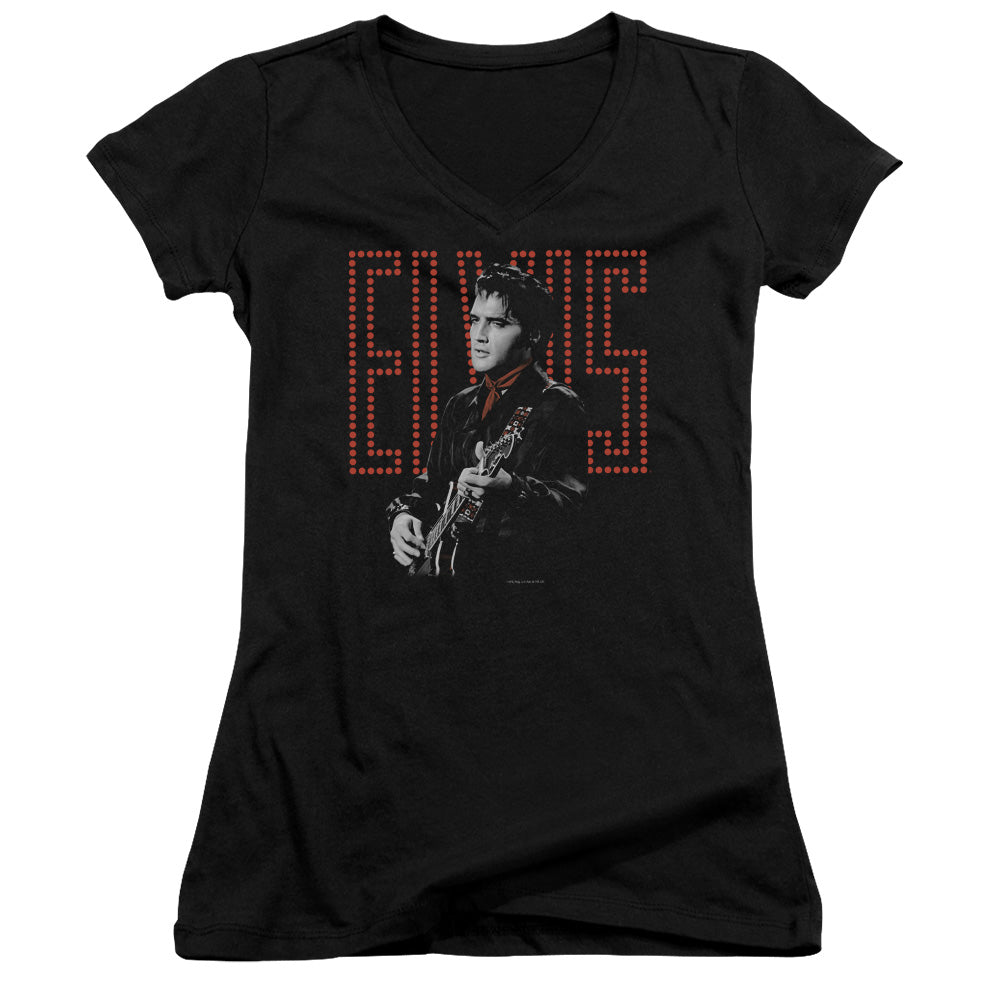 Elvis Presley Red Guitarman Junior Sheer Cap Sleeve V-Neck Womens T Shirt Black