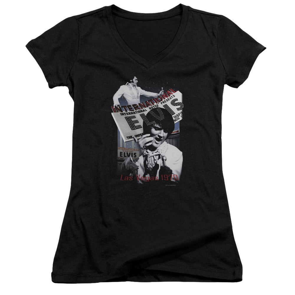 Elvis Presley International Hotel Junior Sheer Cap Sleeve V-Neck Womens T Shirt Black