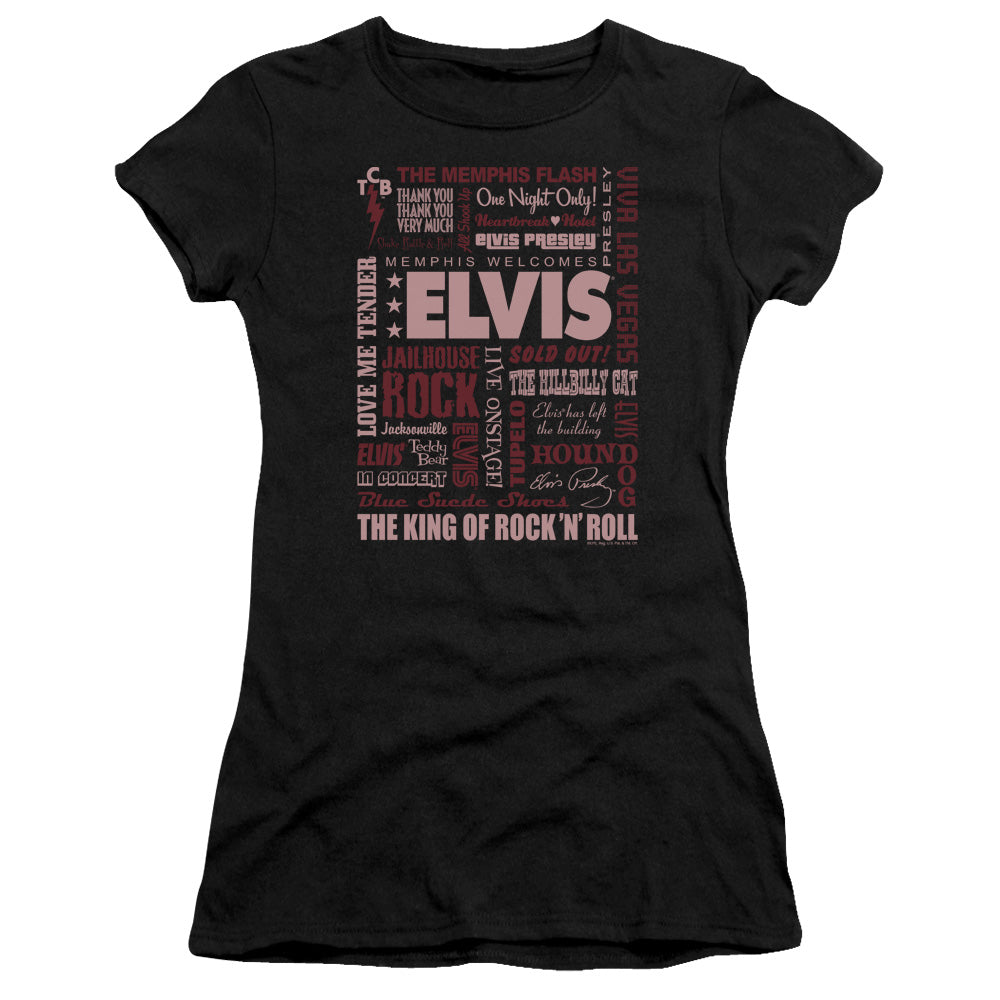 Elvis Presley Whole Lotta Type Junior Sheer Cap Sleeve Womens T Shirt Black