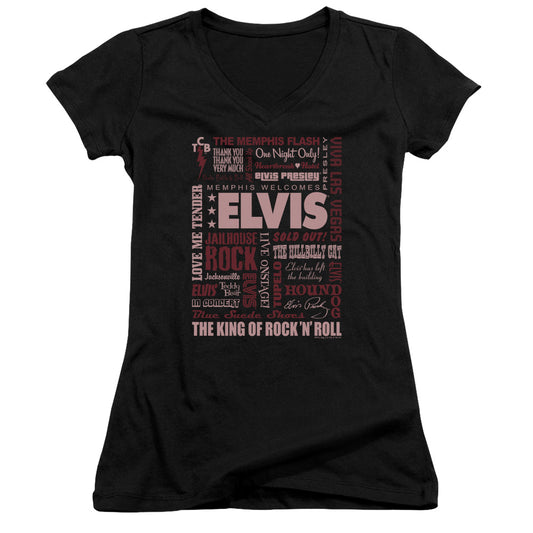 Elvis Presley Whole Lotta Type Junior Sheer Cap Sleeve V-Neck Womens T Shirt Black