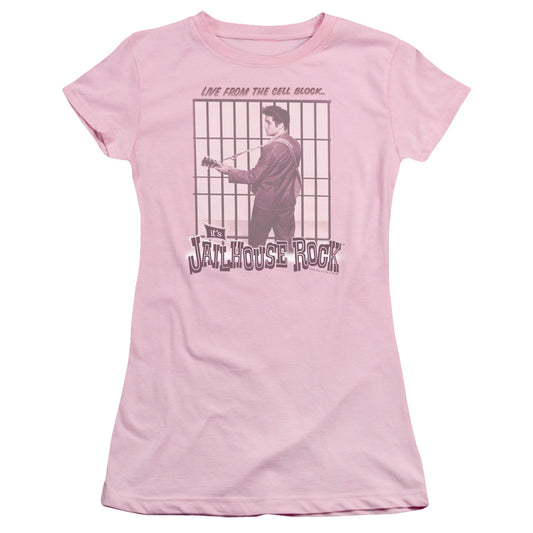 Elvis Presley Cell Block Rock Junior Sheer Cap Sleeve Womens T Shirt Pink