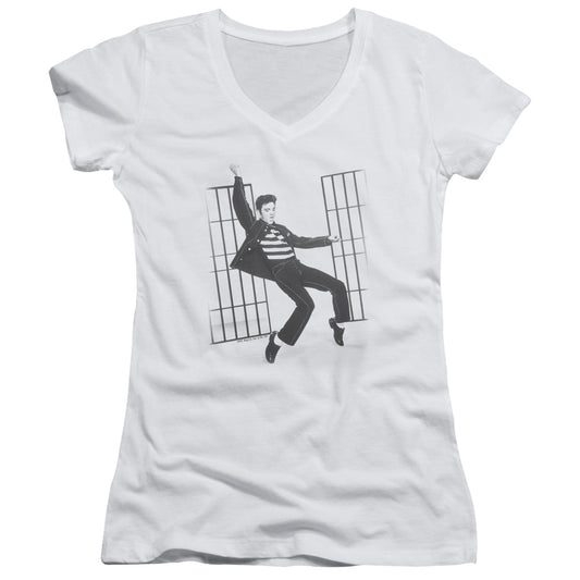 Elvis Presley Jailhouse Rock Junior Sheer Cap Sleeve V-Neck Womens T Shirt White