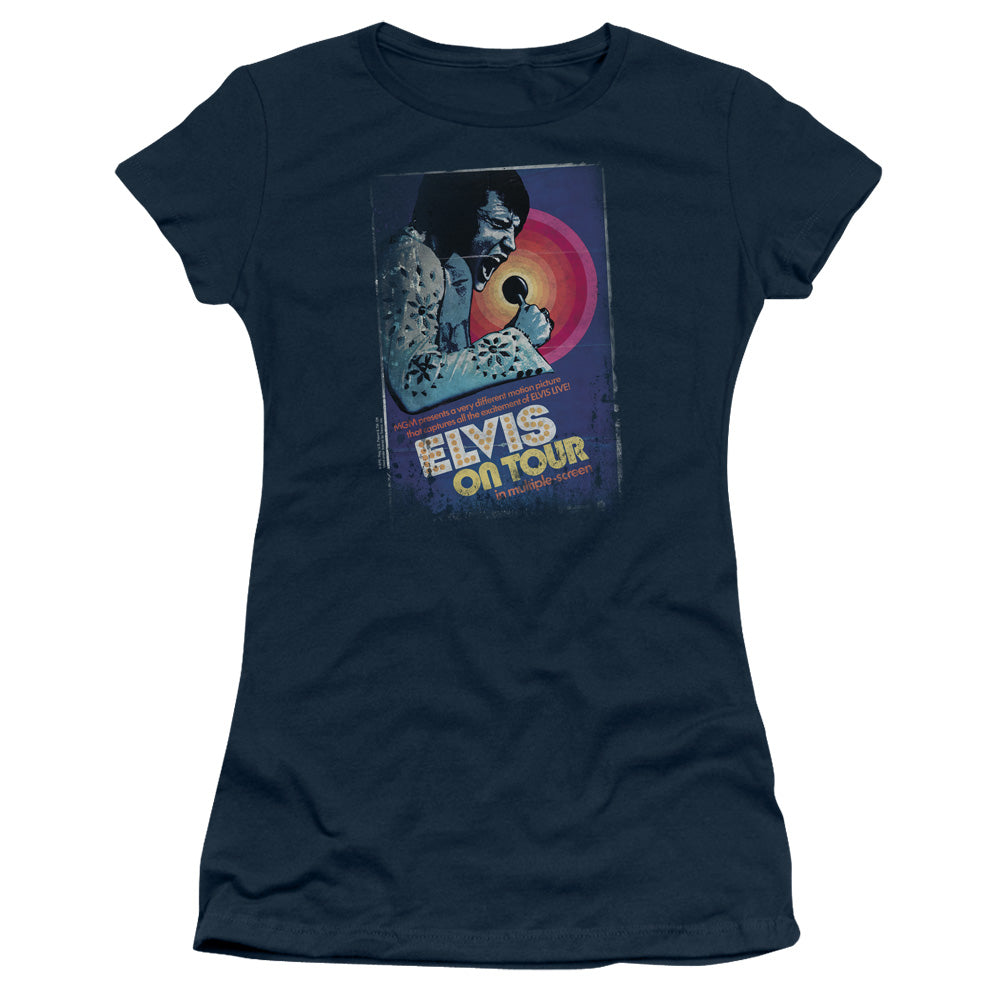 Elvis Presley on Tour Poster Junior Sheer Cap Sleeve Womens T Shirt Navy Blue