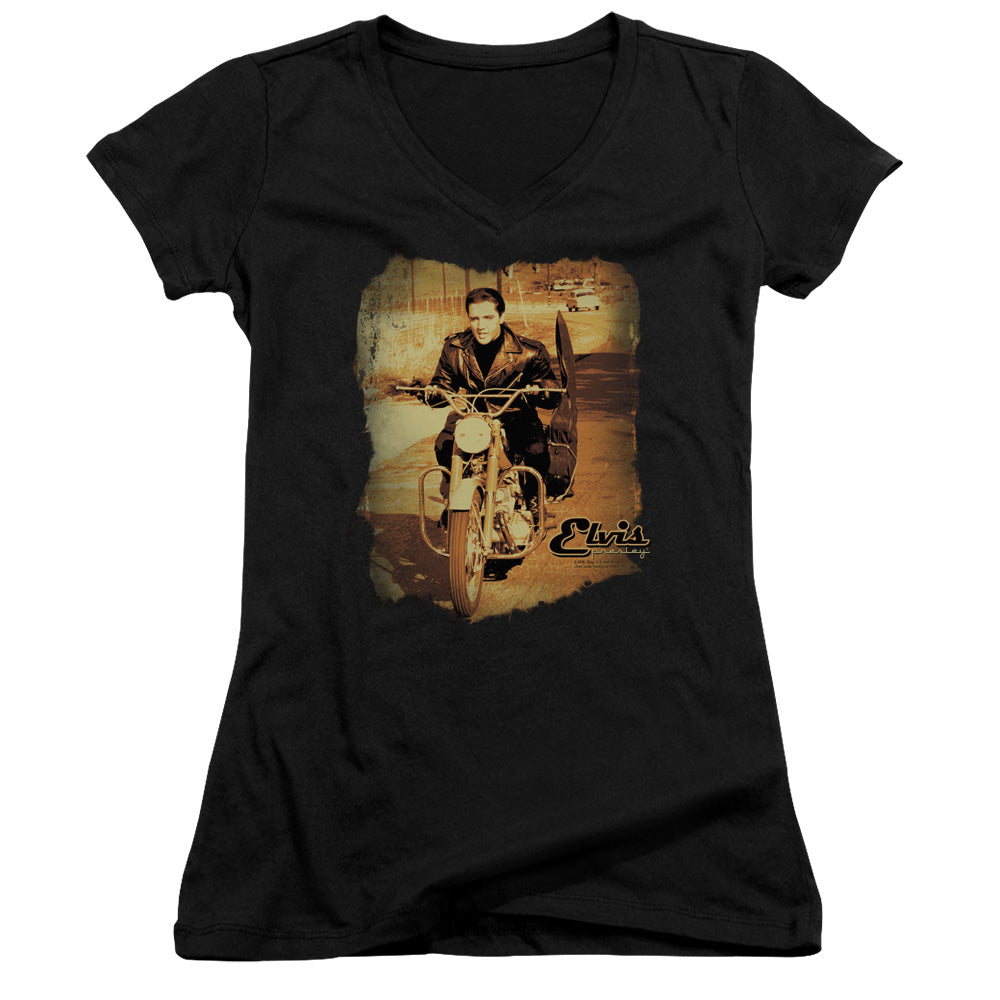 Elvis Presley Hit the Road Junior Sheer Cap Sleeve V-Neck Womens T Shirt Black