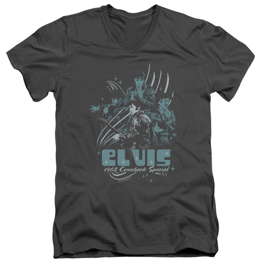 Elvis Presley 68 Leather Mens Slim Fit V-Neck T Shirt Charcoal