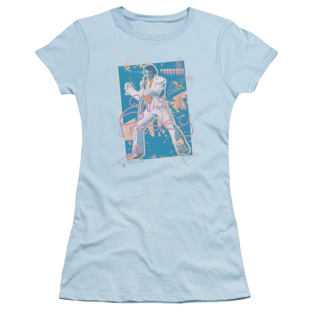 Elvis Presley Splatter Hawaii Junior Sheer Cap Sleeve Womens T Shirt Light Blue