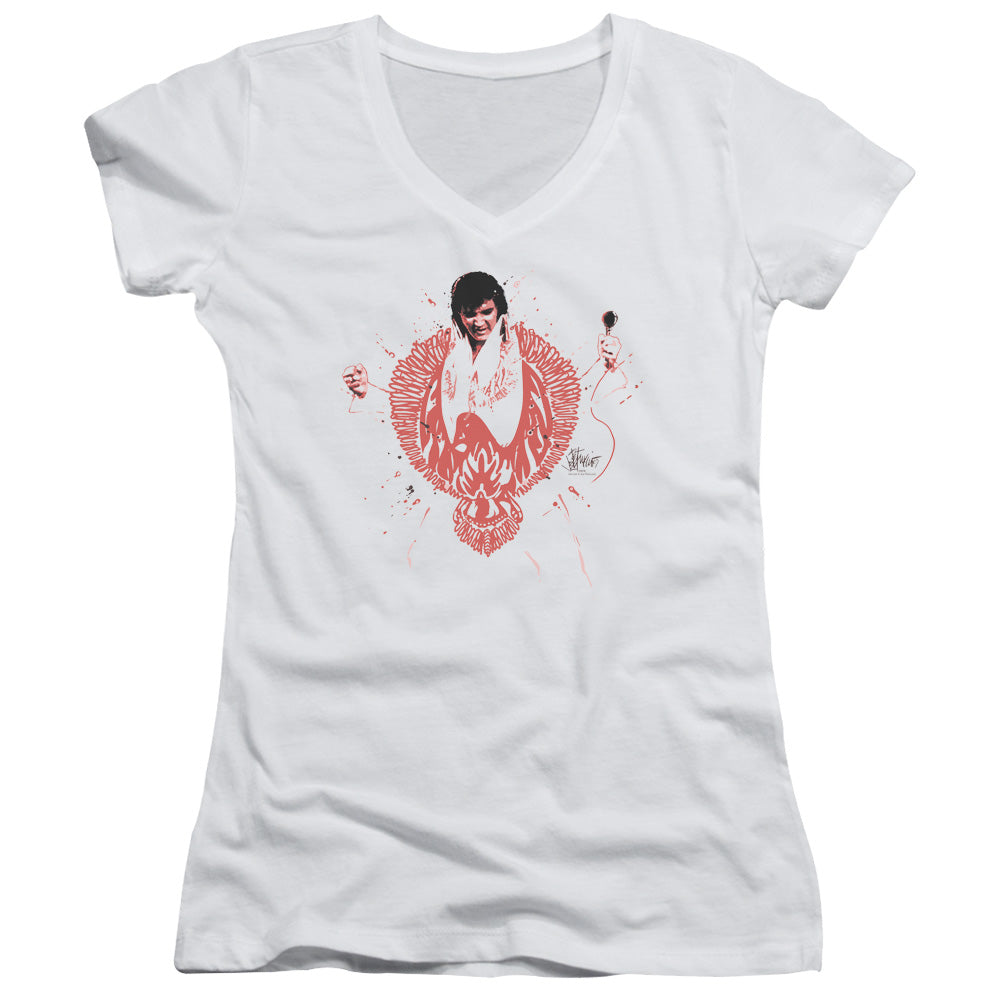 Elvis Presley Red Phoenix Junior Sheer Cap Sleeve V-Neck Womens T Shirt White