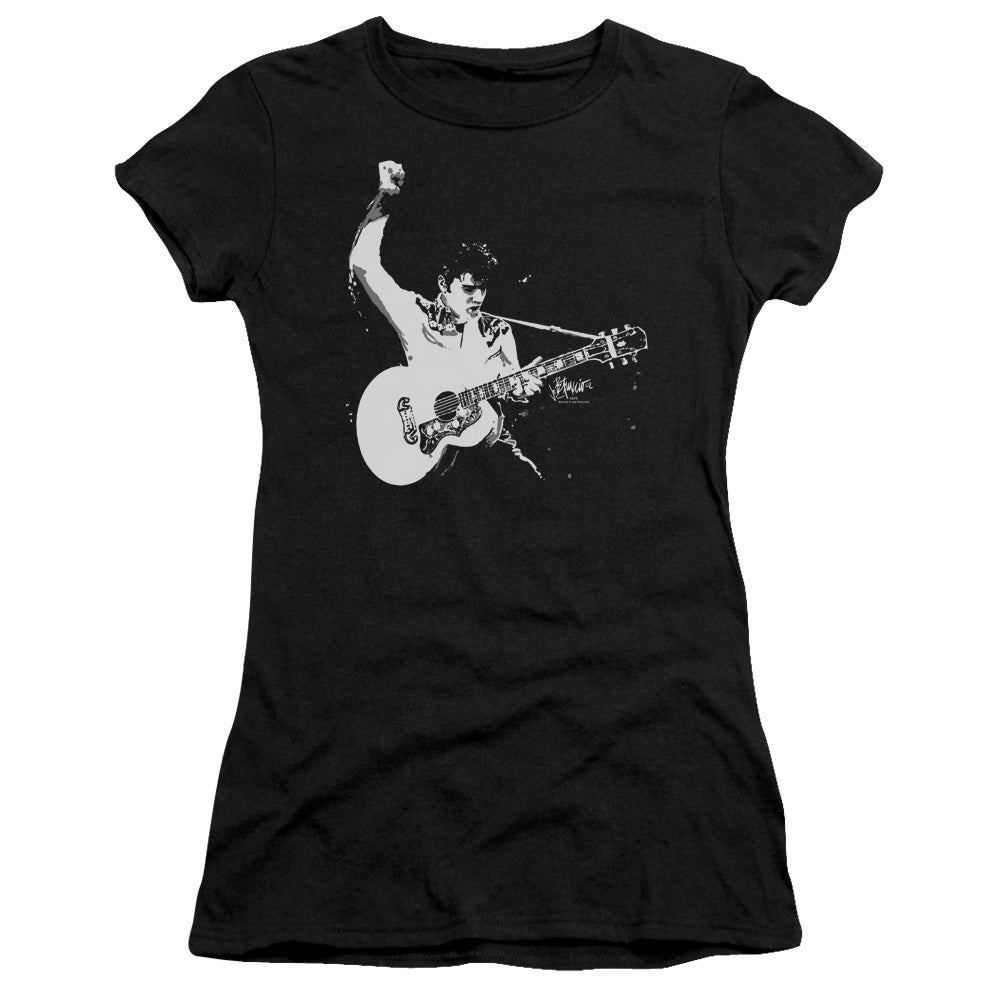 Elvis Presley Black and White Guitarman Junior Sheer Cap Sleeve Womens T Shirt Black