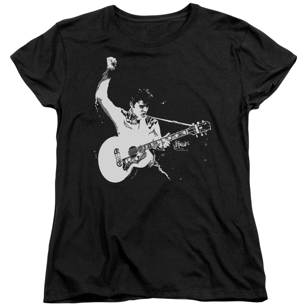 Elvis Presley Black and White Guitarman Womens T Shirt Black