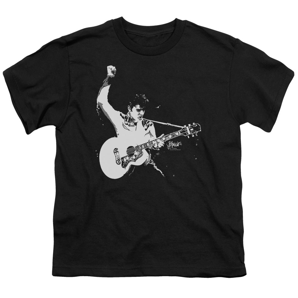 Elvis Presley Black and White Guitarman Kids Youth T Shirt Black