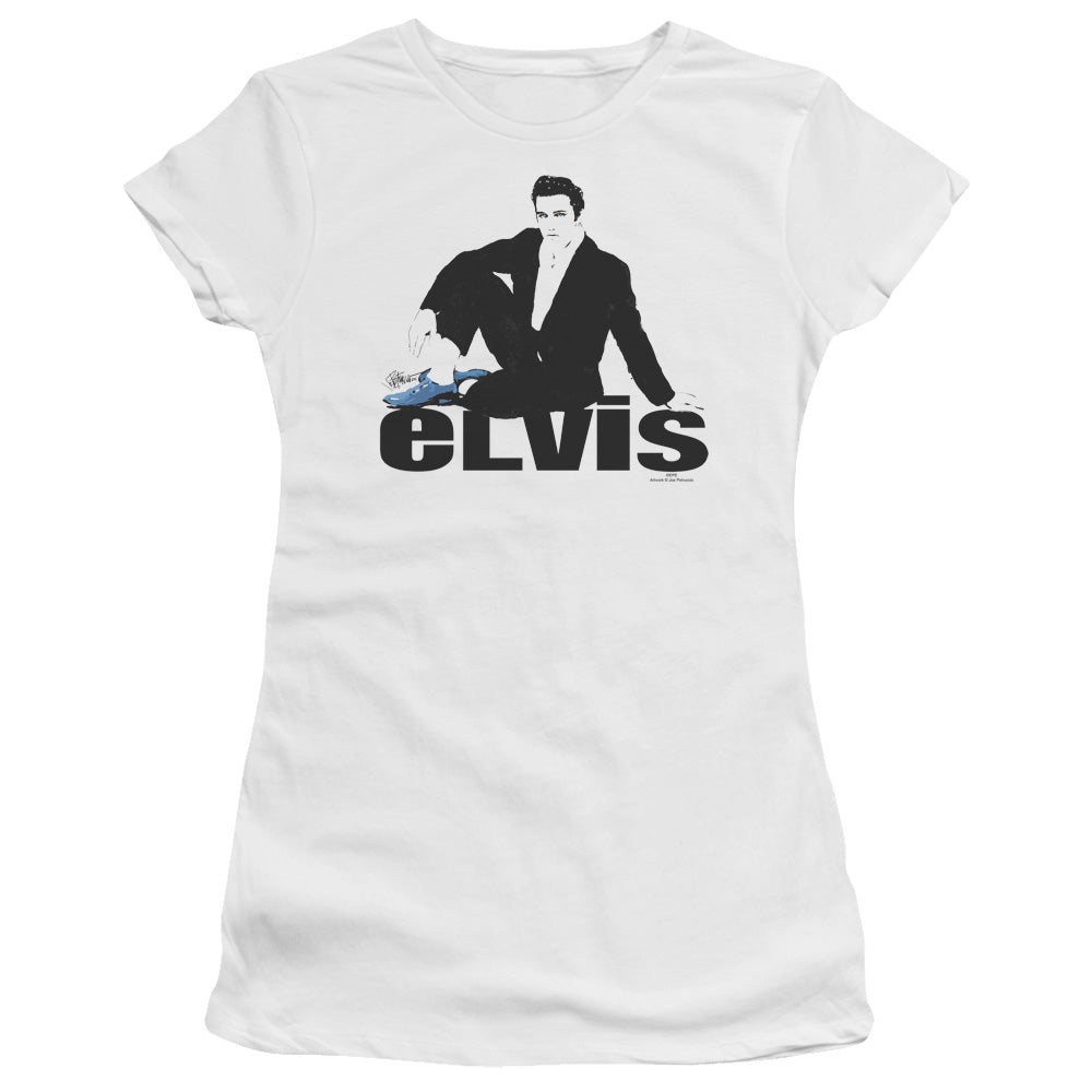 Elvis Presley Blue Suede Junior Sheer Cap Sleeve Womens T Shirt White