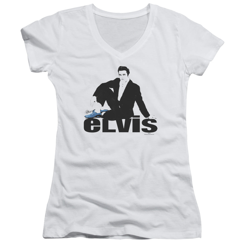 Elvis Presley Blue Suede Junior Sheer Cap Sleeve V-Neck Womens T Shirt White