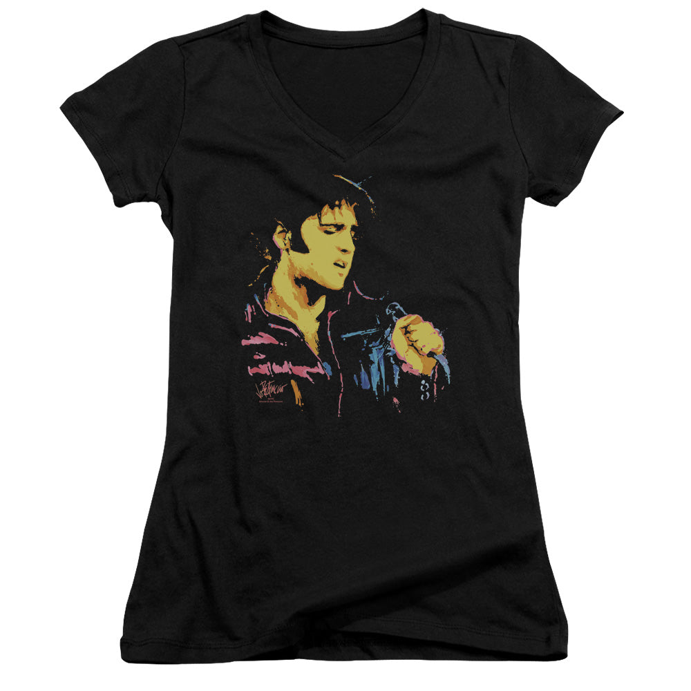 Elvis Presley Neon Elvis Junior Sheer Cap Sleeve V Neck Womens T Shirt Black