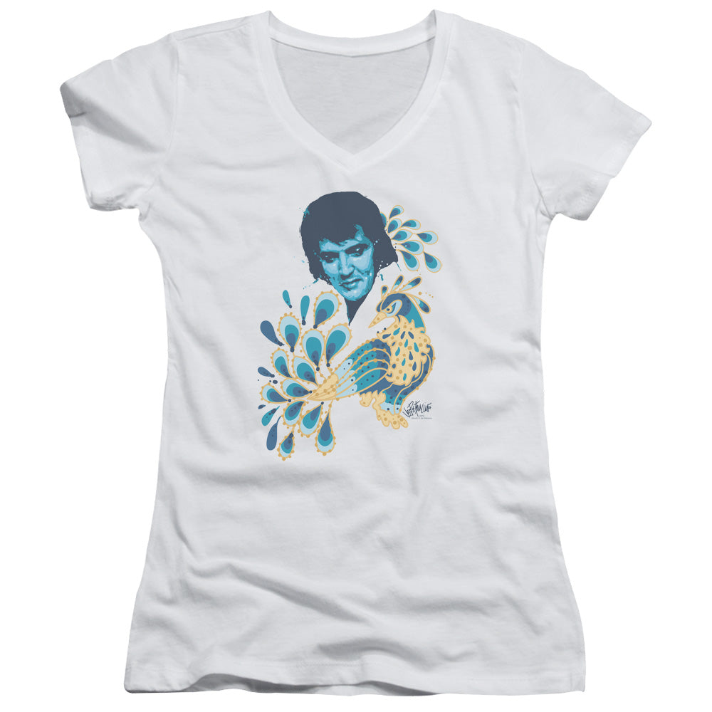 Elvis Presley Peacock Junior Sheer Cap Sleeve V Neck Womens T Shirt White