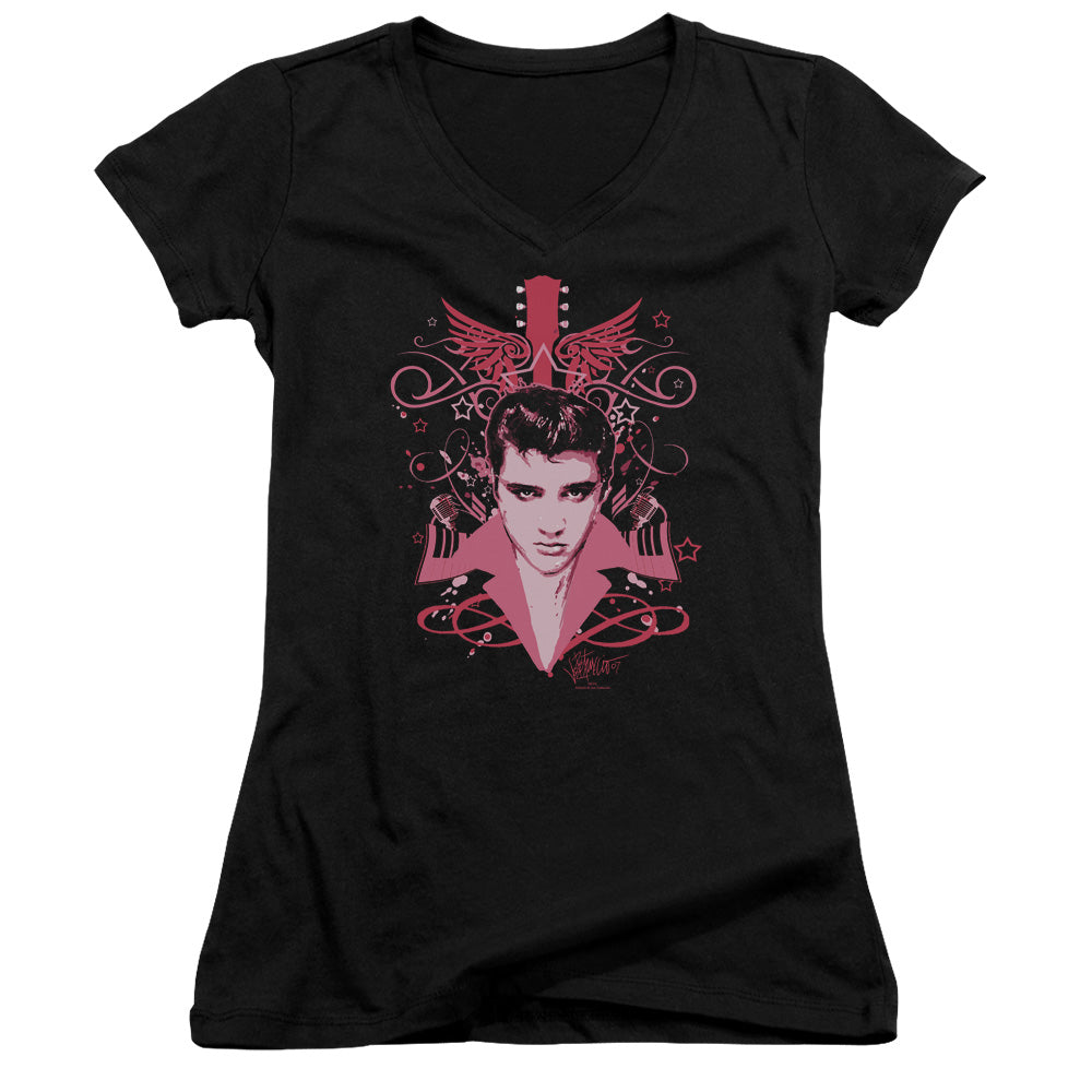 Elvis Presley Lets Face It Junior Sheer Cap Sleeve V Neck Womens T Shirt Black