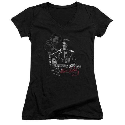 Elvis Presley Show Stopper Junior Sheer Cap Sleeve V Neck Womens T Shirt Black