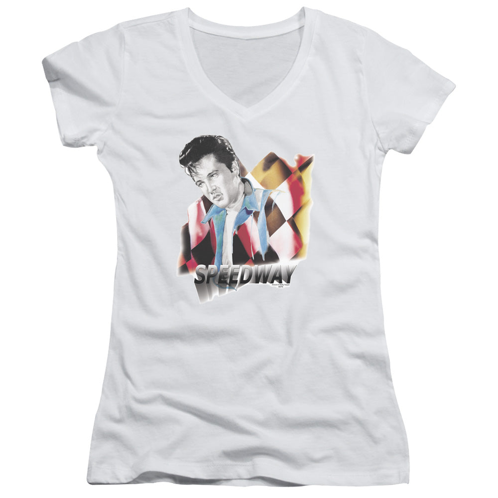 Elvis Presley Speedway Junior Sheer Cap Sleeve V Neck Womens T Shirt White