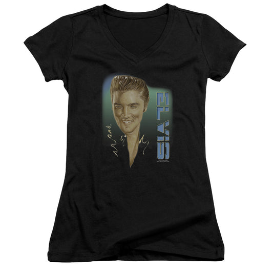 Elvis Presley Elvis 56 Junior Sheer Cap Sleeve V Neck Womens T Shirt Black