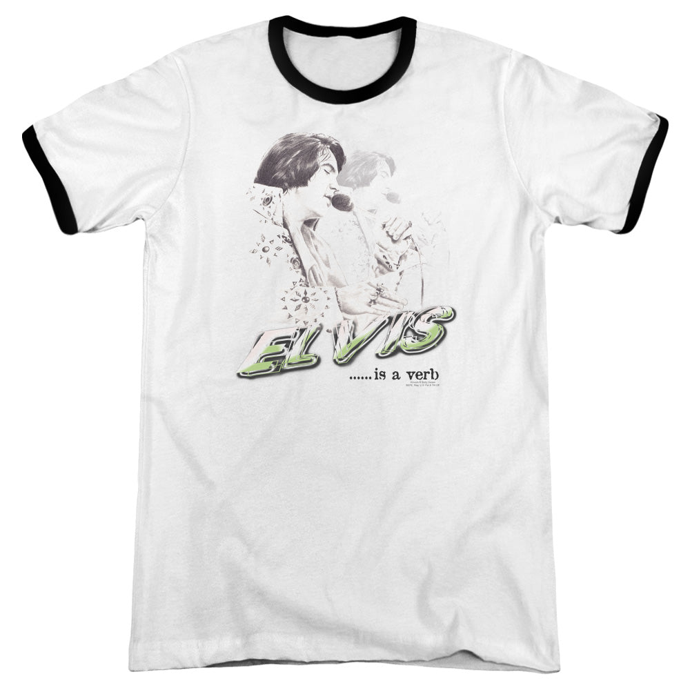 Elvis Presley Elvis is a Verb Heather Ringer Mens T Shirt White