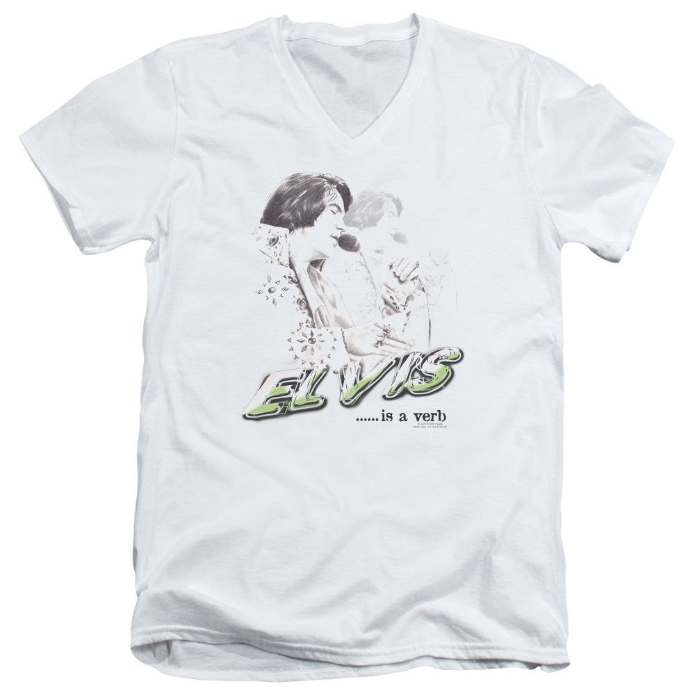 Elvis Presley Elvis is a Verb Mens Slim Fit V-Neck T Shirt White