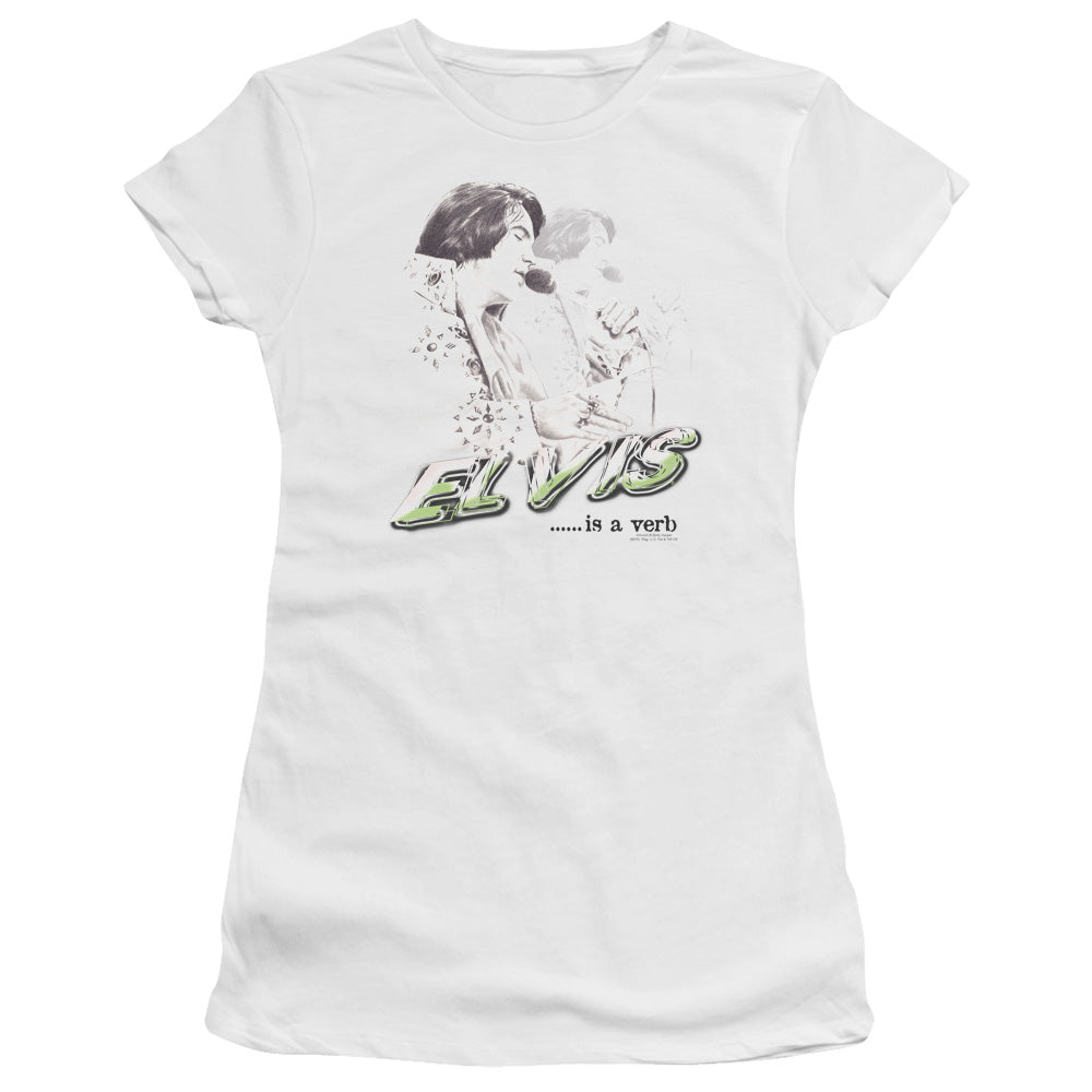 Elvis Presley Elvis is a Verb Junior Sheer Cap Sleeve Womens T Shirt White