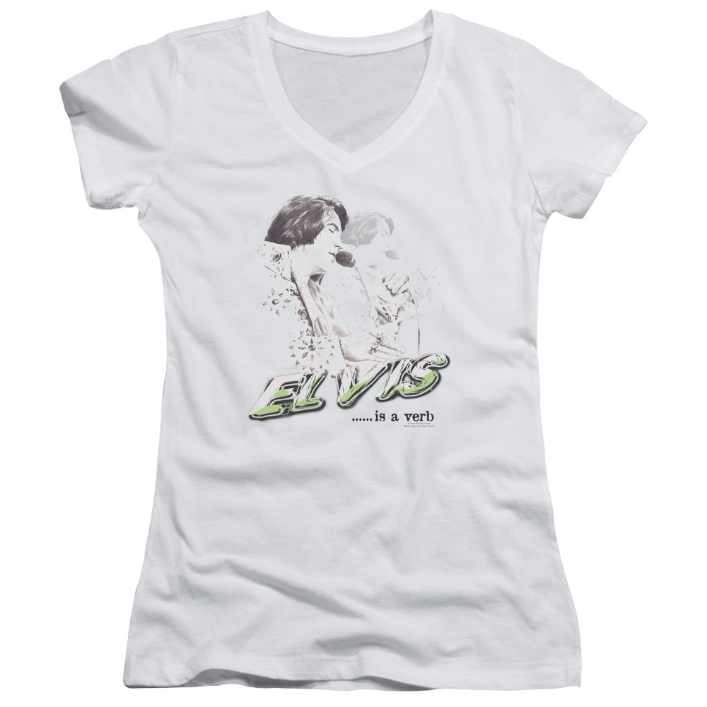 Elvis Presley Elvis is a Verb Junior Sheer Cap Sleeve V Neck Womens T Shirt White